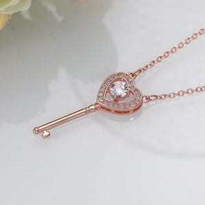 🎁 Key Hollow Heart Zircon Micro Pave Rose Gold Plated Necklace, EVGG1101